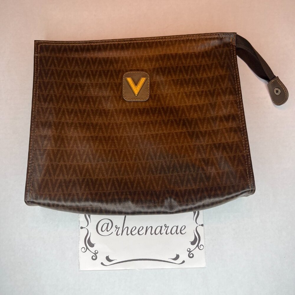 Authentic Mario Valentino V Logo Clutch Hand Bag Purse PVC Leather Brown